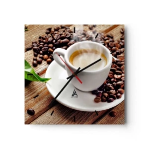 Horloge murale - Pendule murale - Une tasse de café aromatique sur fond de grains et d'une feuille - 30x30cm - Café sur un banc - Décoration murale moderne pour le salon et la chambre ARTTOR