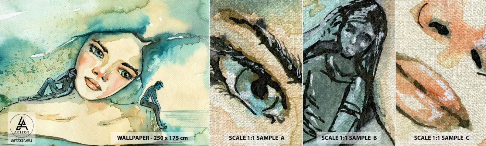 Échantillon de Papier Peint Premium Canvas - Suis-je bleu? - Abstraction, Visage de femme, Peinture - 100x30 cm