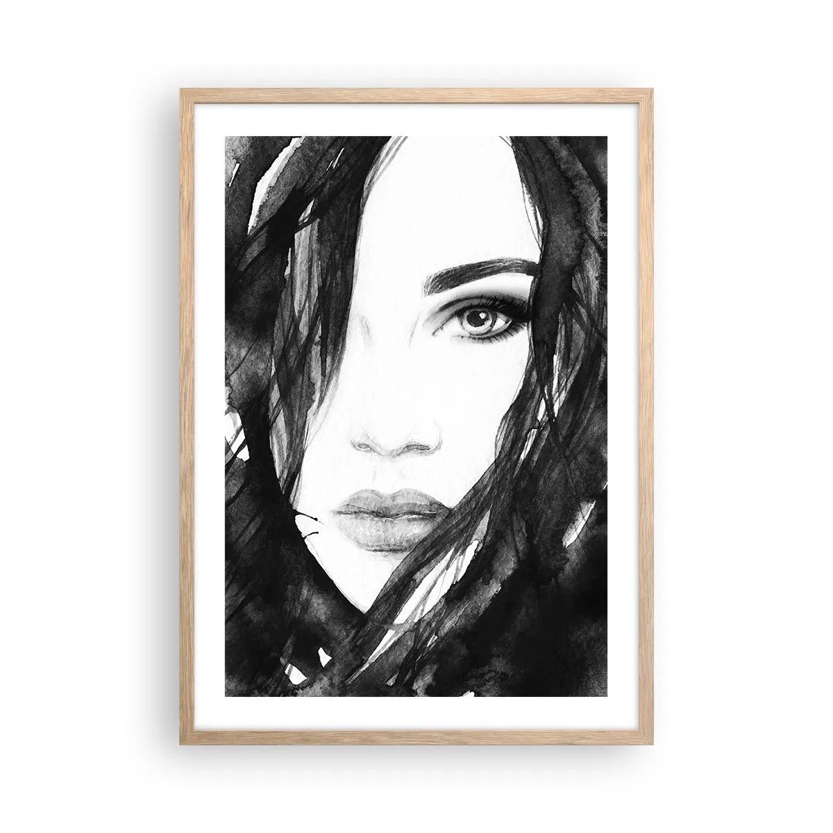Affiche dans un chêne clair - Poster - Portrait d'une dame en noir et blanc - 50x70 cm