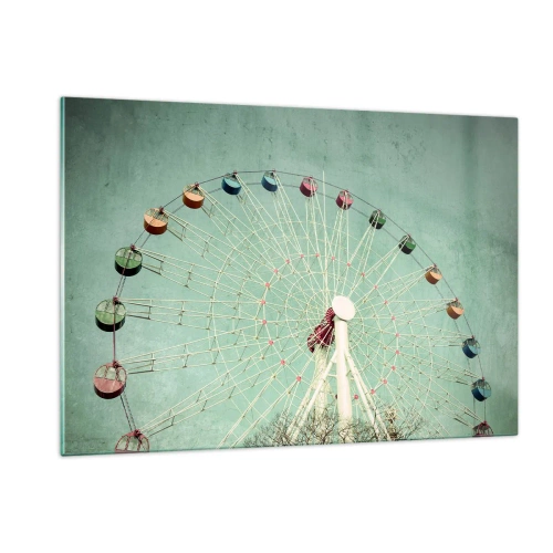 Impression sur verre - Image sur verre - Une grande roue colorée sur un fond vert pastel - 120x80cm - Nous vous invitons à vous amuser - Décoration murale moderne pour le salon et la chambre ARTTOR