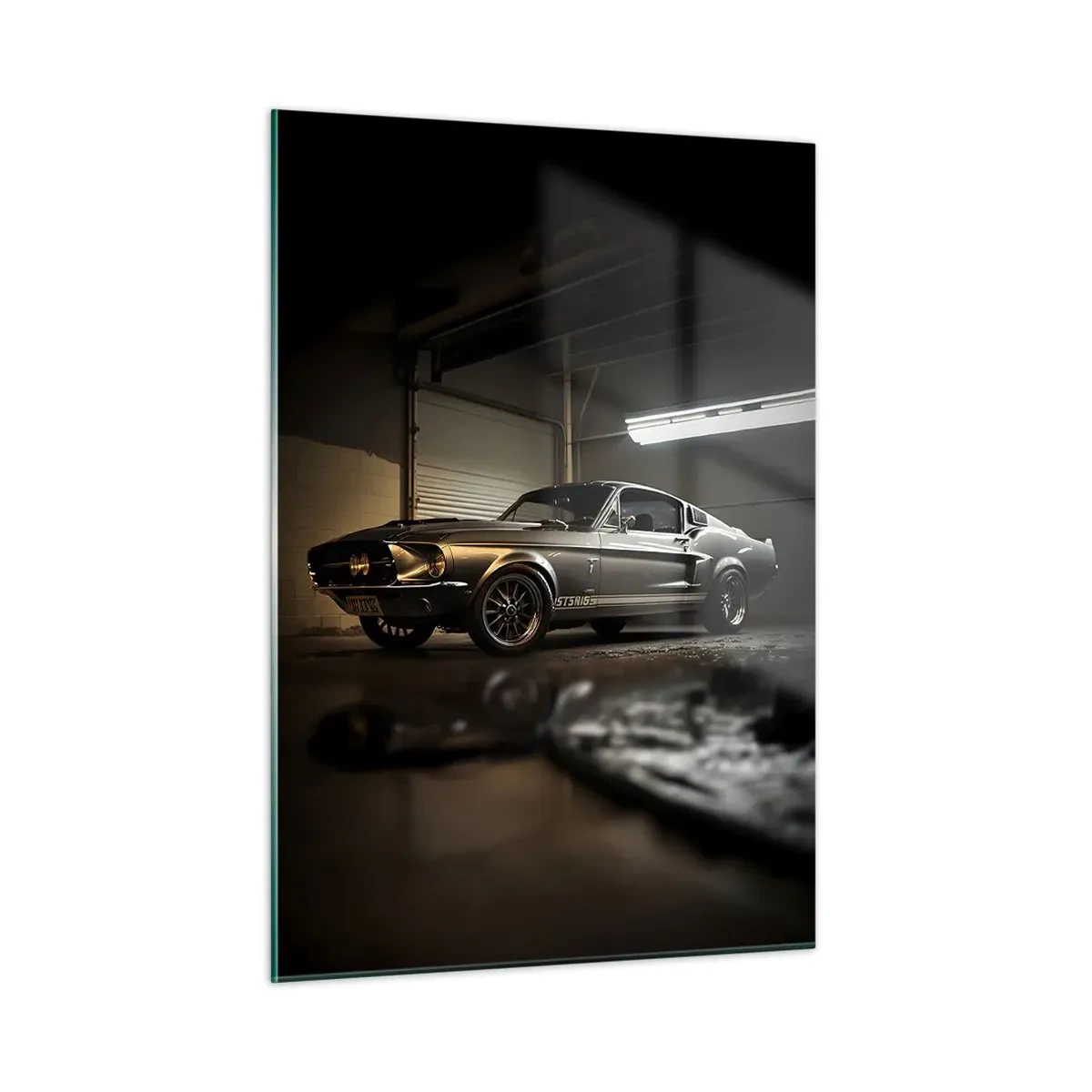 Impression sur verre - Image sur verre - Voiture classique dans un garage sous un éclairage industriel - 50x70cm - Retour dans le passé - Décoration murale moderne pour le salon et la chambre ARTTOR