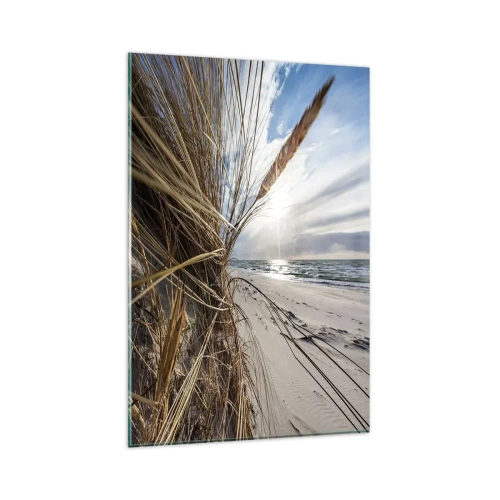 Impression sur verre - Image sur verre - Une plage avec de l'herbe sèche sur les dunes et une vue sur la mer - 80x120cm - Rencontre des éléments - Décoration murale moderne pour le salon et la chambre ARTTOR