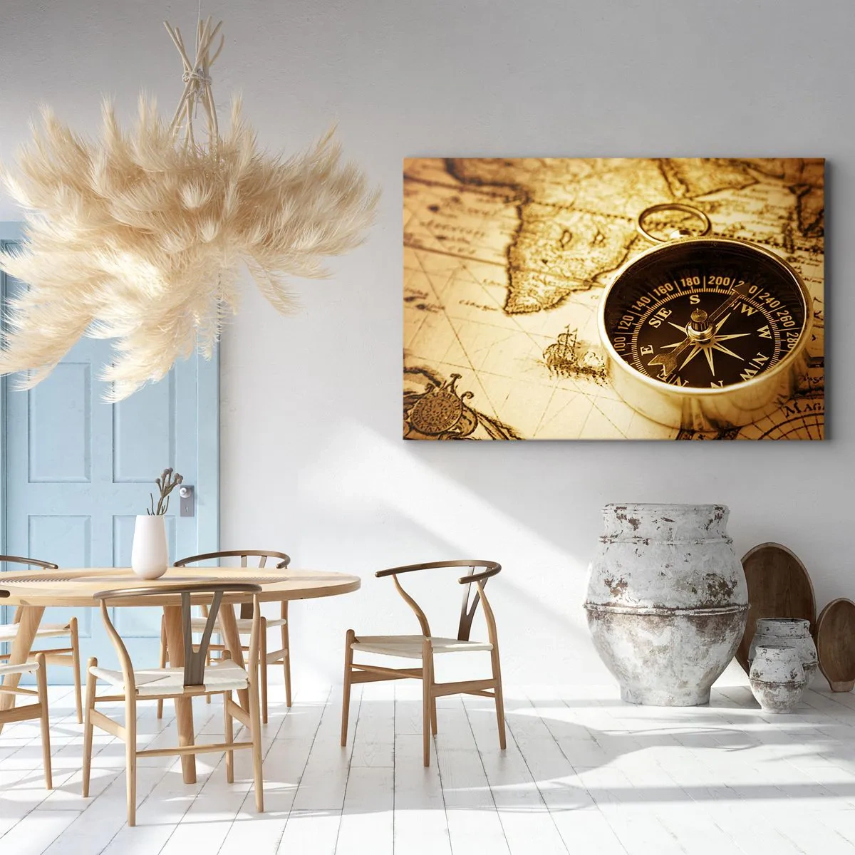 Impression sur toile - Image sur toile - Une boussole antique sur fond d'une vieille carte du monde - 70x50cm - Est ou ouest? - Décoration murale moderne pour le salon et la chambre ARTTOR