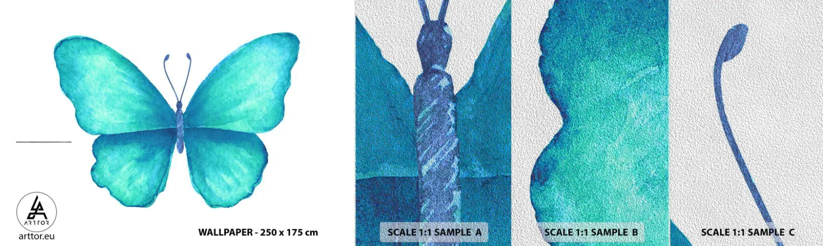 Échantillon de Papier Peint Premium Sand - Nature turquoise - Papillon, Pour les enfants, Graphique - 100x30 cm