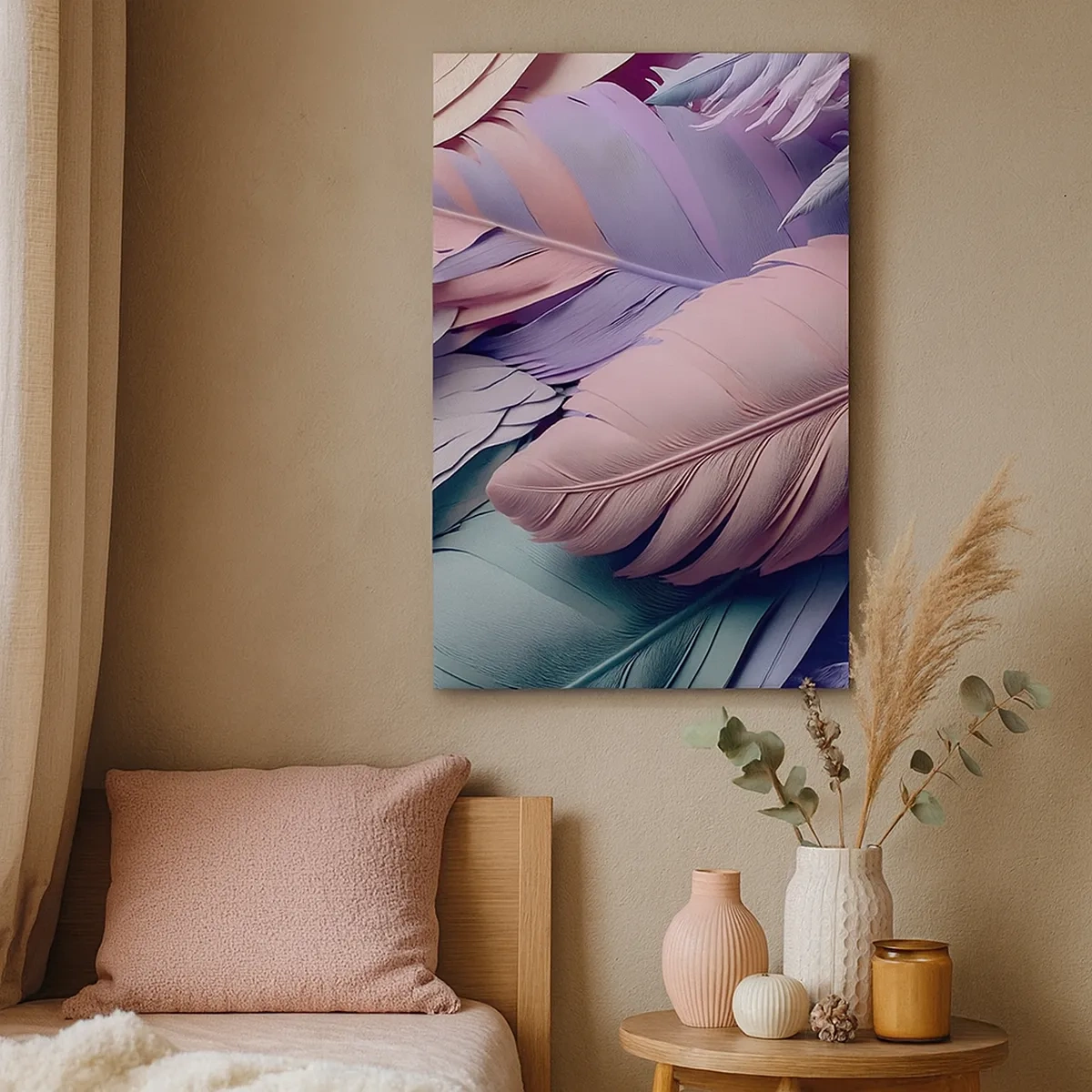 Impression sur toile - Image sur toile - Plumes colorées dans des tons pastel sur un fond clair - 50x70cm - Oiseau chic - Décoration murale moderne pour le salon et la chambre ARTTOR