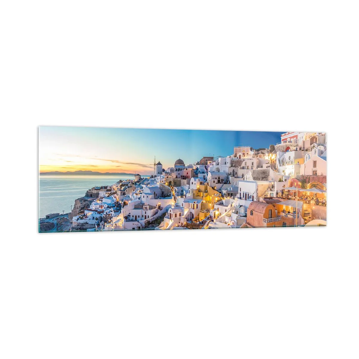 Impression sur verre - Image sur verre - Vue d'une ville grecque au coucher du soleil - 160x50cm - L'essence de la grecque - Décoration murale moderne pour le salon et la chambre ARTTOR