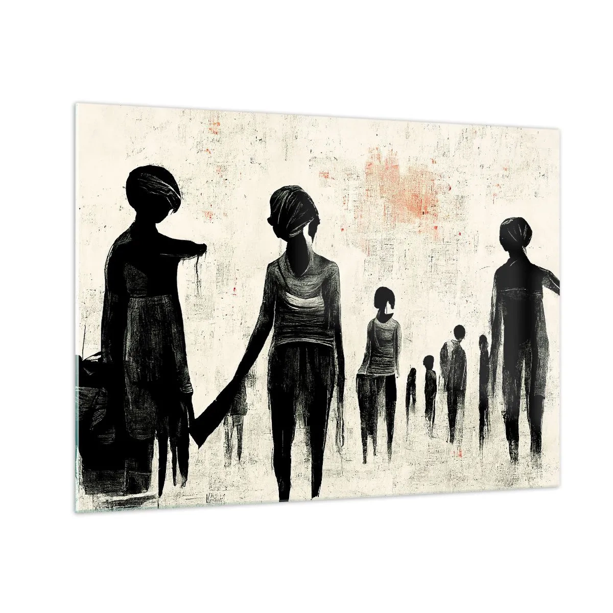 Impression sur verre - Image sur verre - Figures noires en mouvement sur un fond clair avec une texture rouge - 70x50cm - Contre la solitude - Décoration murale moderne pour le salon et la chambre ARTTOR