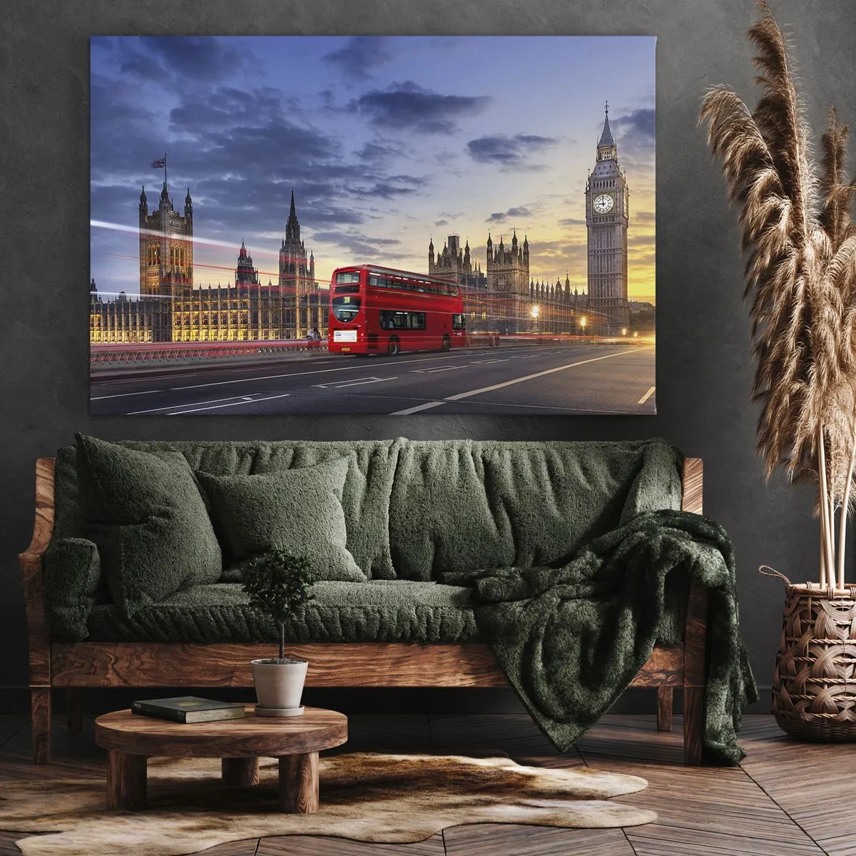 Impression sur toile - Image sur toile - Un bus rouge avec Big Ben et les Chambres du Parlement en arrière-plan au crépuscule. - 120x80cm - Caractères spéciaux - Décoration murale moderne pour le salon et la chambre ARTTOR