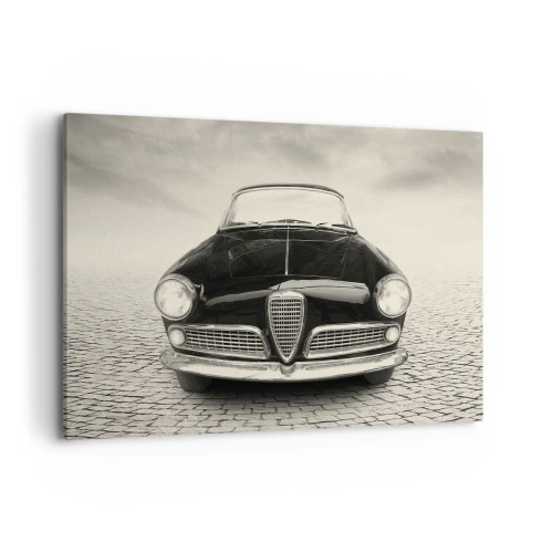 Impression sur toile - Image sur toile - Une voiture classique sur une place pavée dans un style monochrome - 100x70cm - Et alors! Tu ne m'aime pas? - Décoration murale moderne pour le salon et la chambre ARTTOR