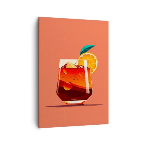 Impression sur toile - Image sur toile - Un verre de boisson et une tranche d'orange sur un fond orange - 50x70cm - Rafraîchissement d'été - Décoration murale moderne pour le salon et la chambre ARTTOR