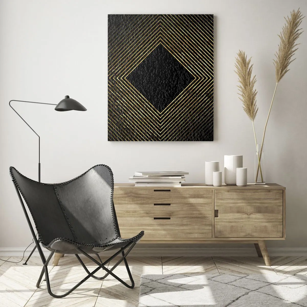 Impression sur verre - Image sur verre - Diamant en or avec des lignes géométriques sur fond noir - 50x70cm - Géométrie dans un style glamour - Décoration murale moderne pour le salon et la chambre ARTTOR