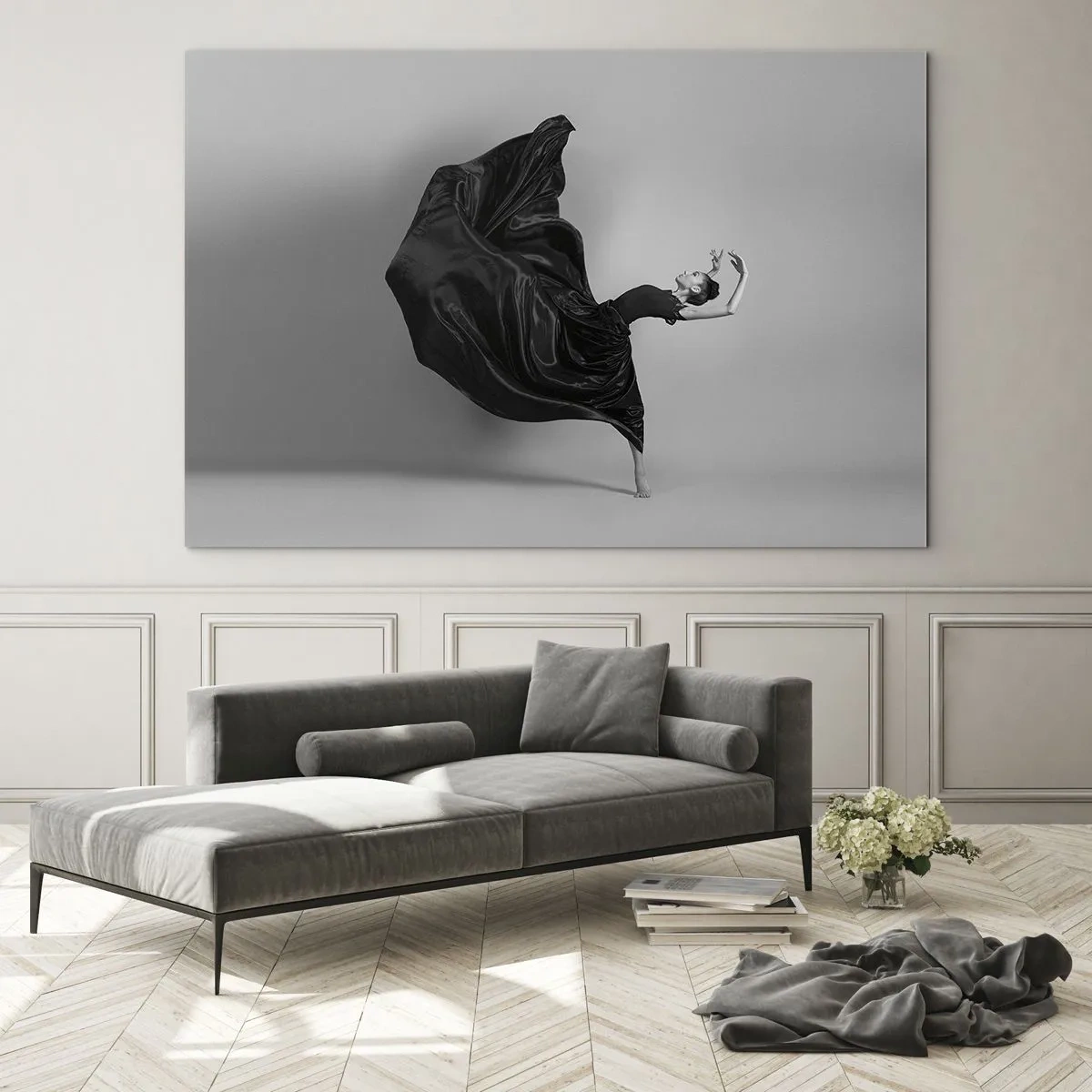 Impression sur verre - Image sur verre - Une danseuse en robe noire flottant dynamiquement dans les airs - 100x70cm - Musique ailées - Décoration murale moderne pour le salon et la chambre ARTTOR