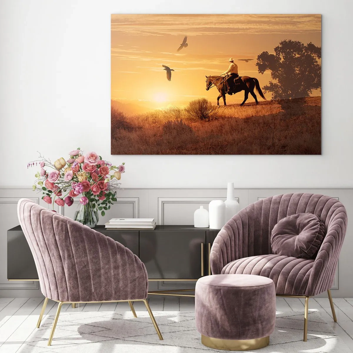 Impression sur verre - Image sur verre - Seul à travers la prairie - 70x50cm - Seul à travers la prairie - Décoration murale moderne pour le salon et la chambre ARTTOR