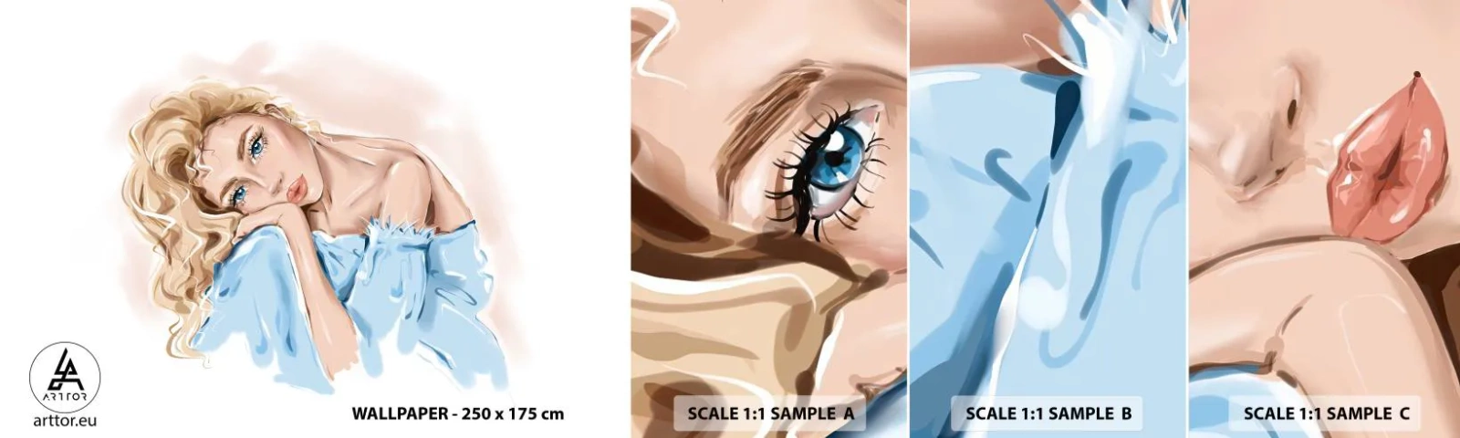 Échantillon De Papier Peint Standard Eco - Rêveuse en bleu - Femme, Mode, Graphique - 100x30 cm