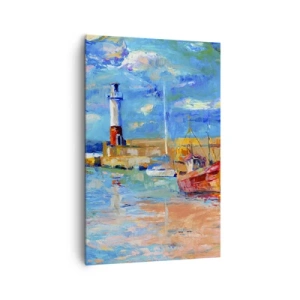 Impression sur toile - Image sur toile - Port de pêche avec bateaux et phare aux couleurs vives - 80x120cm - Un après-midi dans la baie arc-en-ciel - Décoration murale moderne pour le salon et la chambre ARTTOR