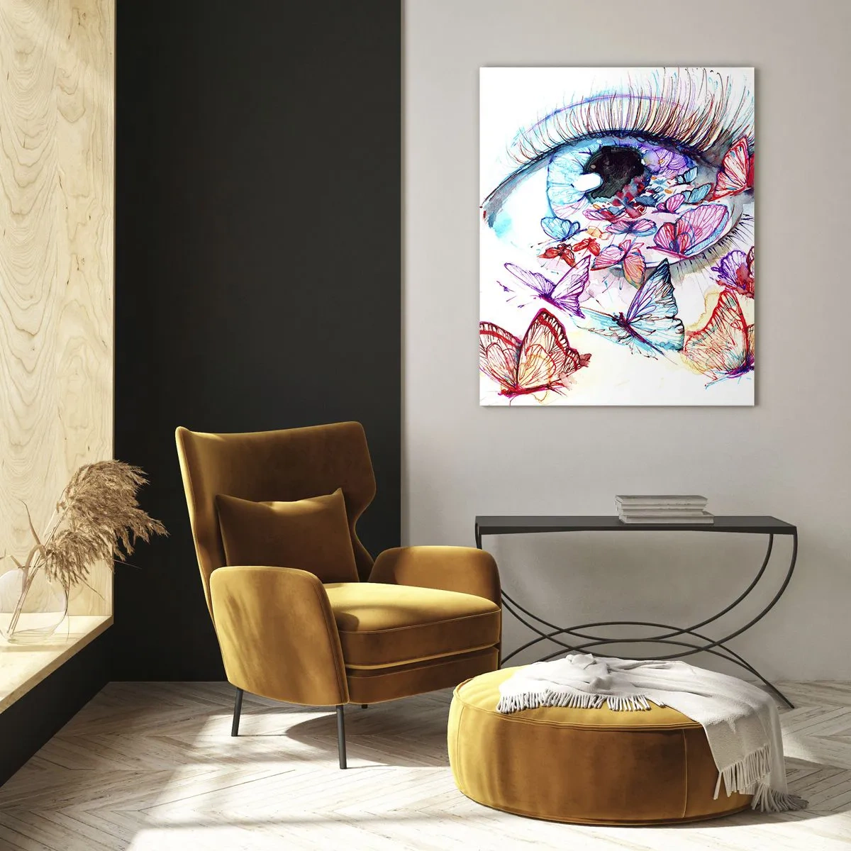 Impression sur verre - Image sur verre - Un œil aquarelle entouré de papillons colorés - 70x100cm - Charme des yeux de conte de fées - Décoration murale moderne pour le salon et la chambre ARTTOR