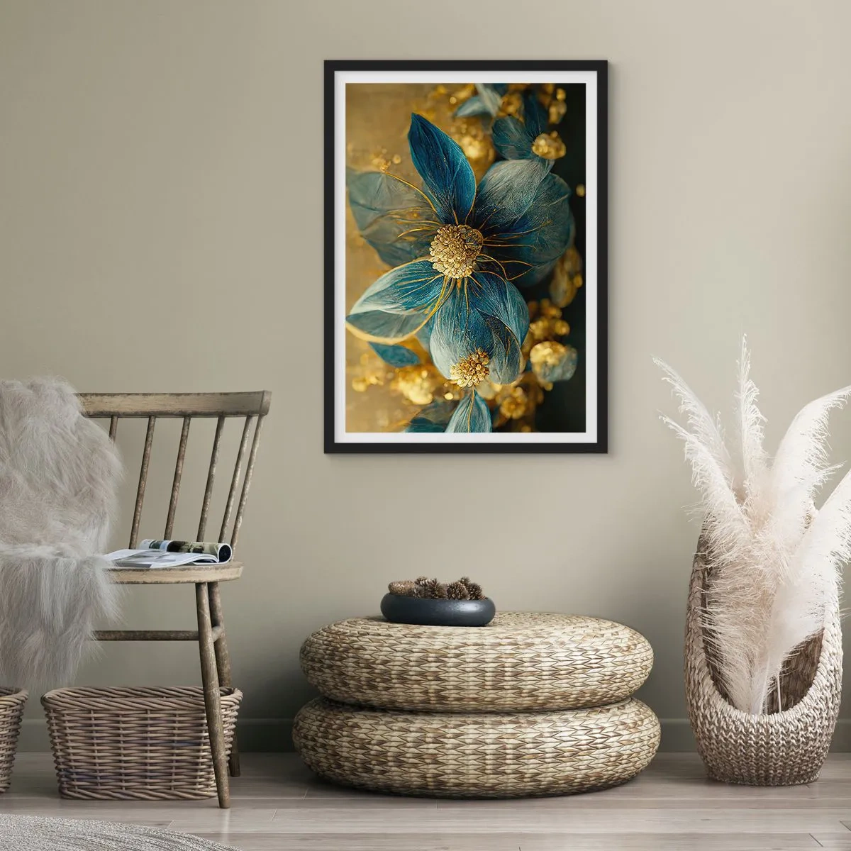 Affiche dans un cadre noir - Poster - Fleurs dorées et bleu marine dans une composition élégante - 50x70cm - Fleurir avec de l'or - Décoration murale moderne pour le salon et la chambre ARTTOR
