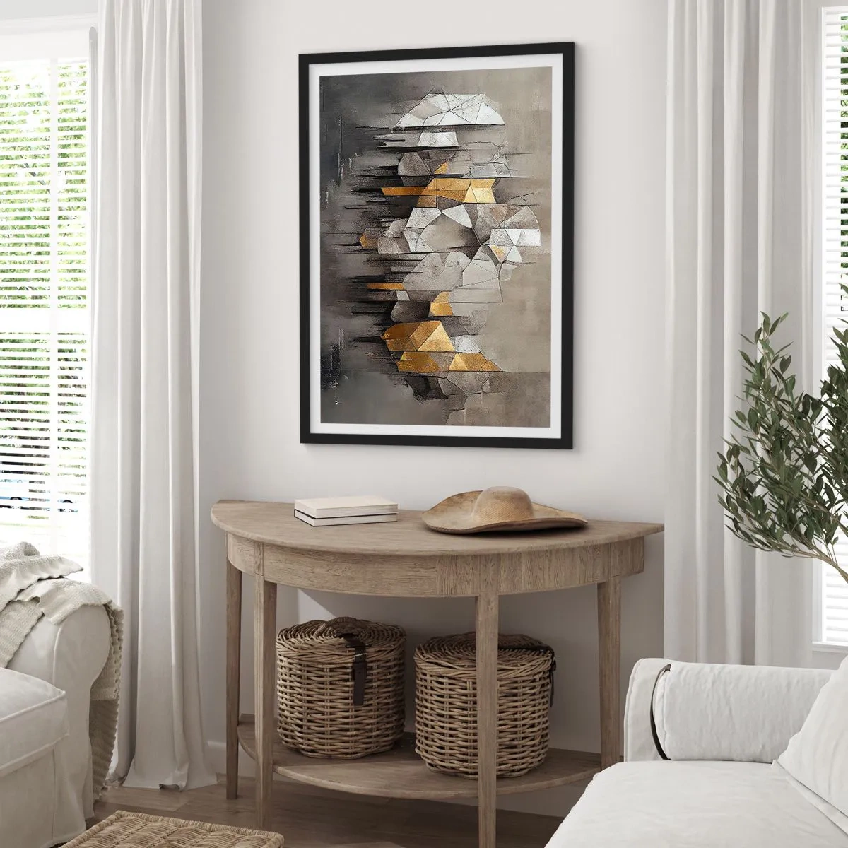 Affiche dans un cadre noir - Poster - Abstraction géométrique dans les tons de gris et d'or - 50x70cm - Composition de glace et de lumière - Décoration murale moderne pour le salon et la chambre ARTTOR