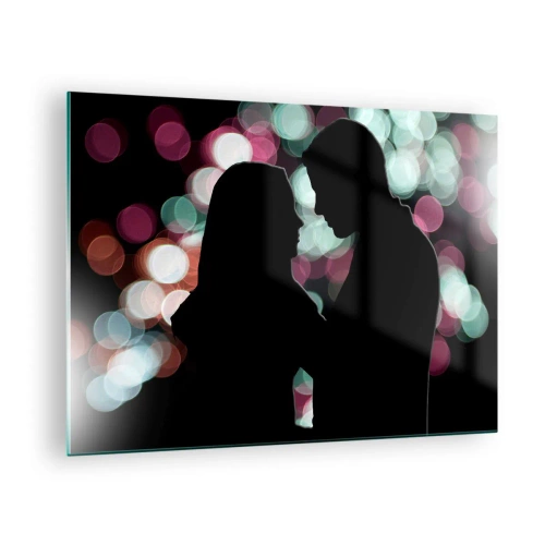 Impression sur verre - Image sur verre - Silhouettes d'un couple sur fond de lumières bokeh colorées - 70x50cm - Oui! - Décoration murale moderne pour le salon et la chambre ARTTOR