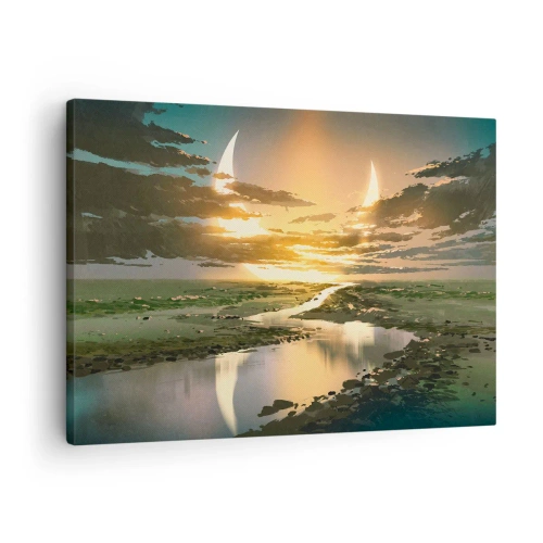 Impression sur toile - Image sur toile - Un paysage fantastique avec deux lunes à l'horizon - 70x50cm - Quelque part dans une galaxie lointaine, très lointaine - Décoration murale moderne pour le salon et la chambre ARTTOR