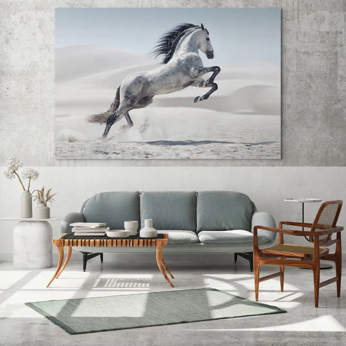 Impression sur verre - Image sur verre - Un cheval blanc bondissant sur fond de dunes du désert - 100x70cm - Prince arabe - Décoration murale moderne pour le salon et la chambre ARTTOR