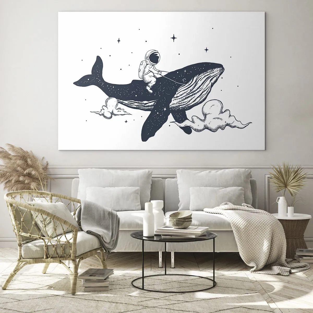 Impression sur verre - Image sur verre - Un astronaute chevauchant une baleine parmi les étoiles et les nuages - 70x50cm - Aventure spatiale - Décoration murale moderne pour le salon et la chambre ARTTOR