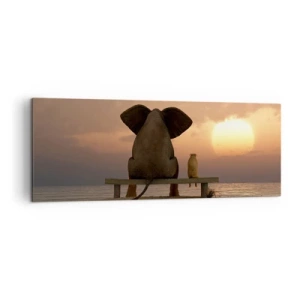 Impression sur toile - Image sur toile - Un éléphant et un chien sont assis sur un banc sur la plage au coucher du soleil. - 140x50cm - C'est bon de garder le silence ensemble - Décoration murale moderne pour le salon et la chambre ARTTOR