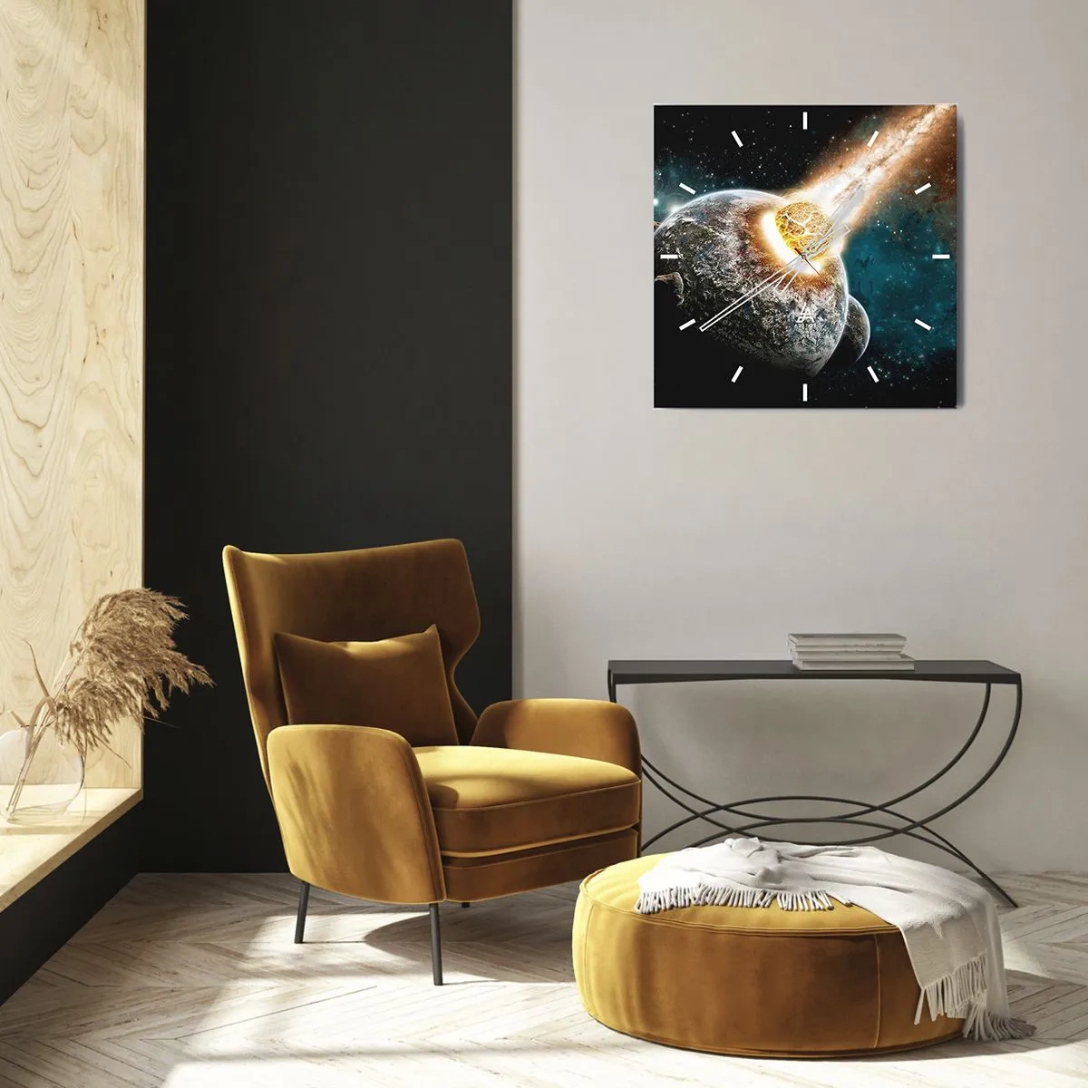 Horloge murale - Pendule murale - Collision cosmique d'une planète avec un astéroïde à proximité de la galaxie. - 30x30cm - Destruction ou naissance? - Décoration murale moderne pour le salon et la chambre ARTTOR