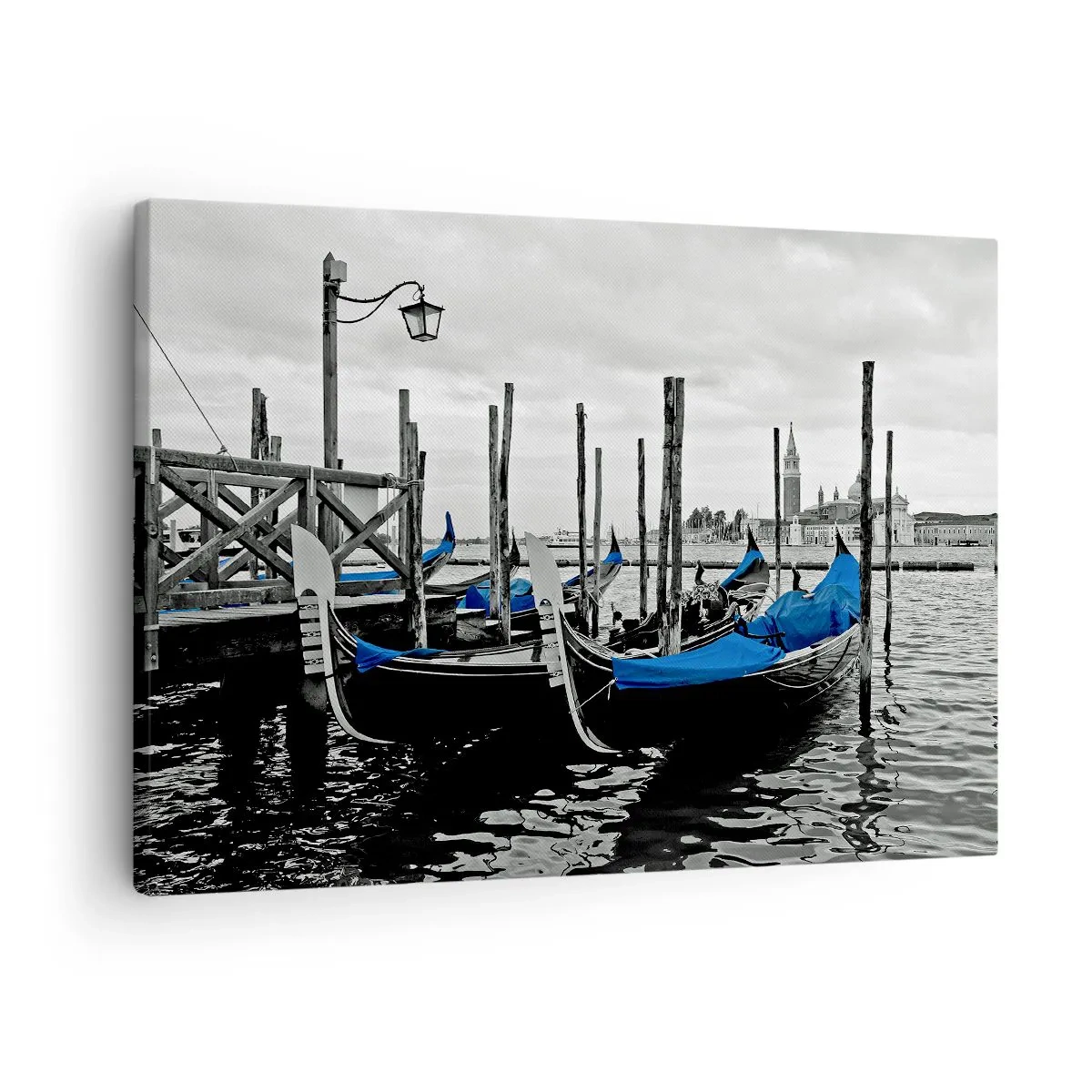 Impression sur toile - Image sur toile - Gondoles à Venise avec des couvertures bleues - 70x50cm - Venise pensive - Décoration murale moderne pour le salon et la chambre ARTTOR