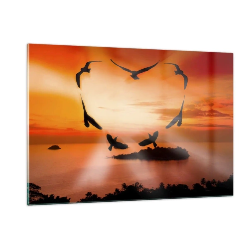 Impression sur verre - Image sur verre - Oiseaux formant un cœur sur fond de coucher de soleil - 120x80cm - Aimer le monde comme les oiseaux - Décoration murale moderne pour le salon et la chambre ARTTOR