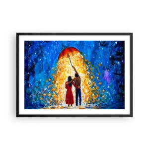 Affiche dans un cadre noir - Poster - Un couple sous un parapluie rouge sous la pluie lumineuse - 70x50cm - La magie d'une soirée pluvieuse ? - Décoration murale moderne pour le salon et la chambre ARTTOR