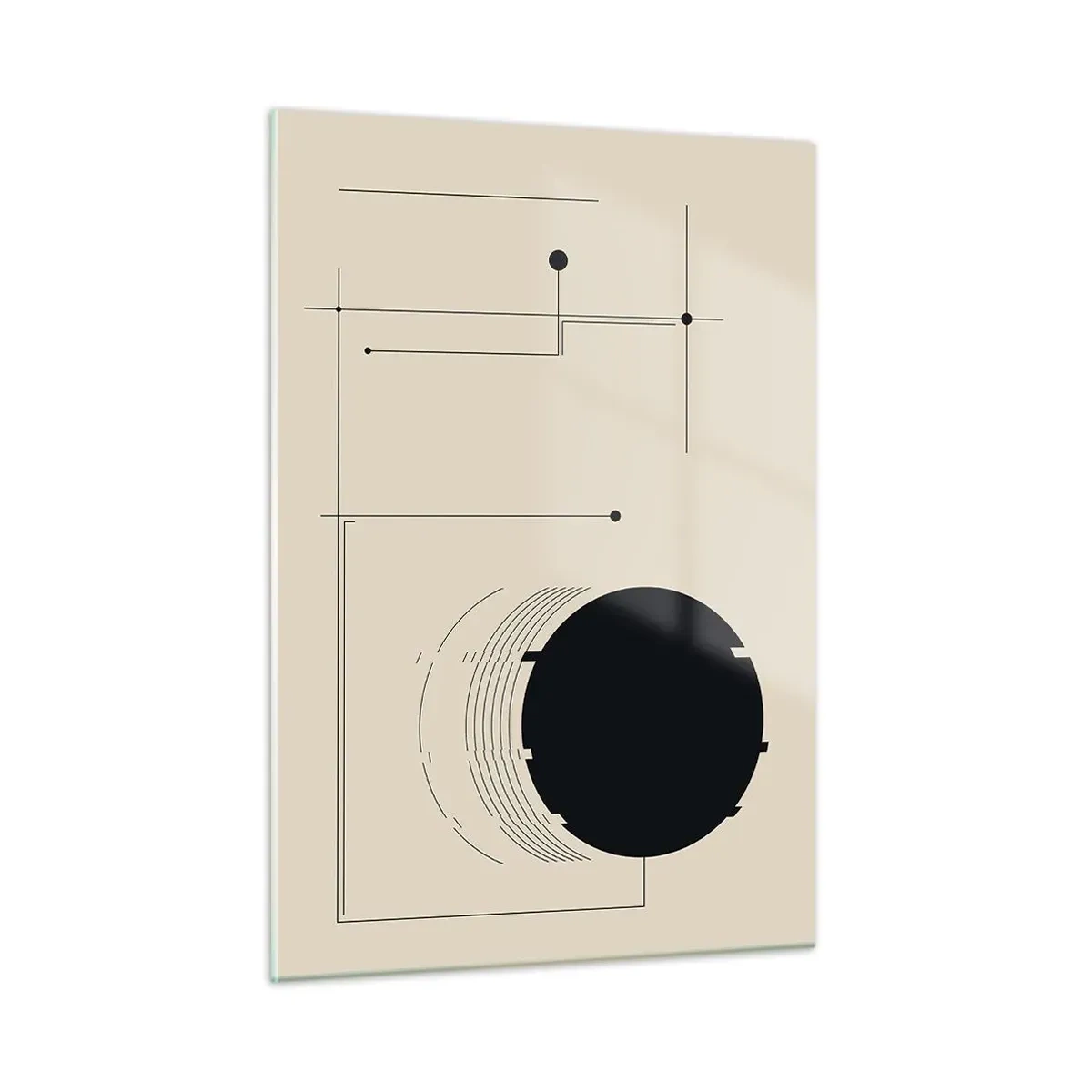 Impression sur verre - Image sur verre - Composition abstraite avec un cercle noir et des lignes géométriques - 50x70cm - Une composition flexible et dynamique - Décoration murale moderne pour le salon et la chambre ARTTOR
