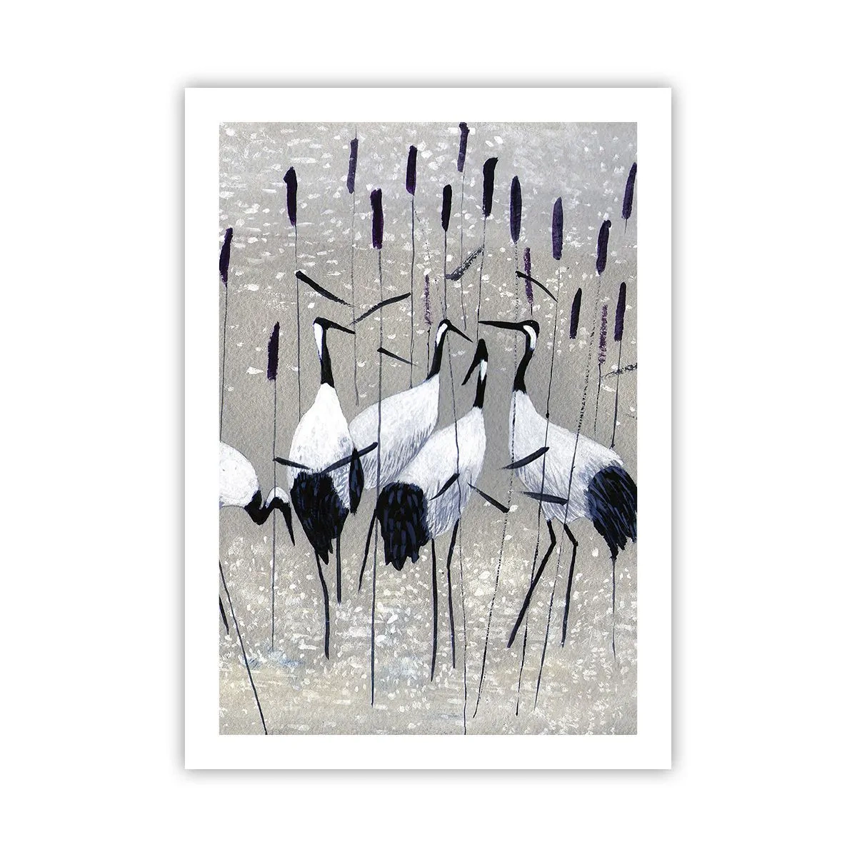 Affiche - Poster - La grâce des grues dans un paysage subtil d'herbe et d'eau - 50x70cm - Parmi les siens - Décoration murale moderne pour le salon et la chambre ARTTOR