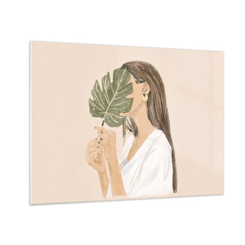 Impression sur verre - Image sur verre - Une femme aux cheveux longs tenant une feuille devant son visage. - 70x50cm - Portrait mystérieux avec un éventail - Décoration murale moderne pour le salon et la chambre ARTTOR