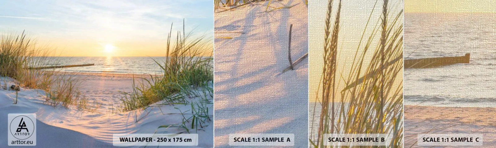 Échantillon de Papier Peint Premium Canvas - Le bruit de la mer, le chant des oiseaux, une plage sauvage parmi les herbes… - Paysage, Mer, Dunes - 100x30 cm