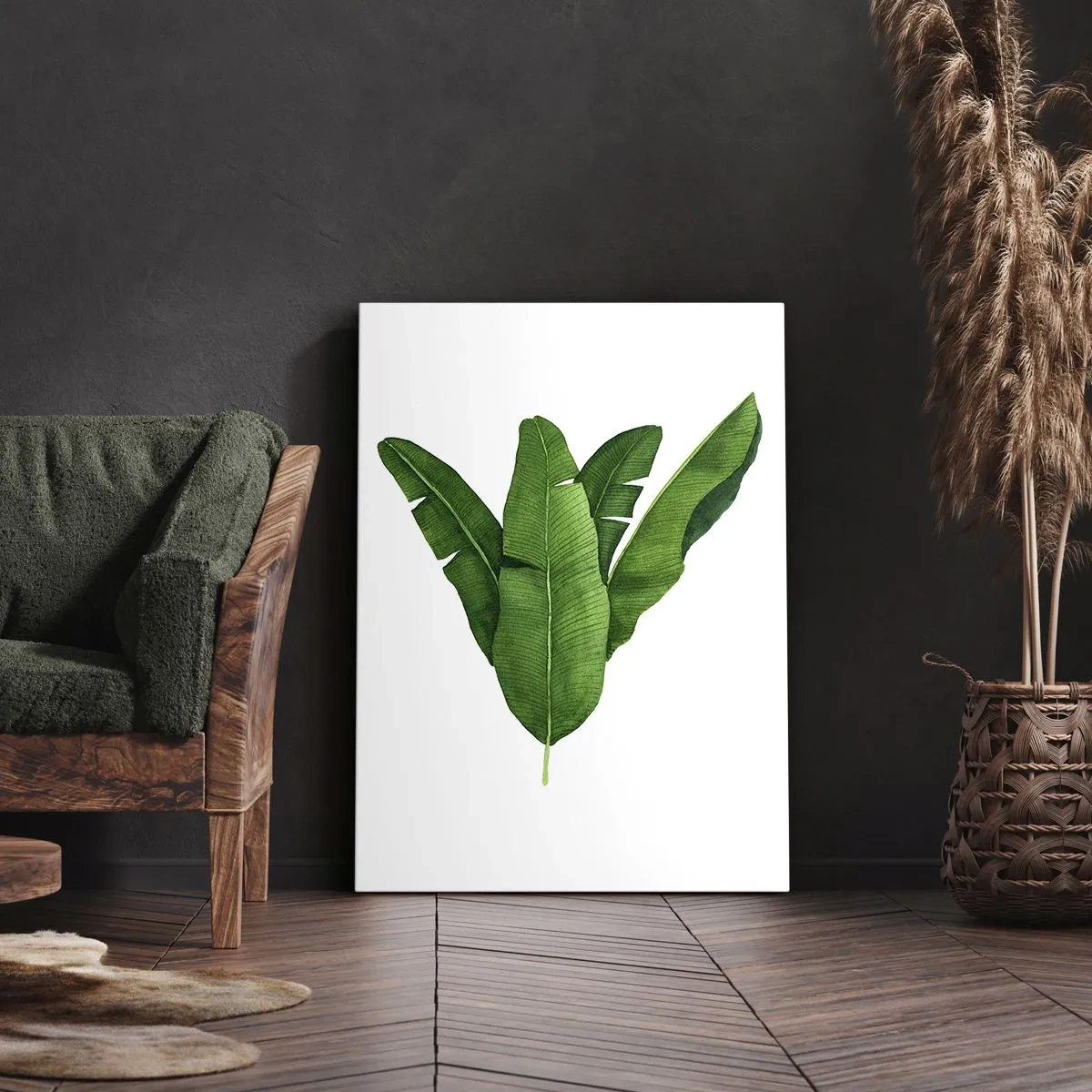 Impression sur toile - Image sur toile - Trois feuilles de bananier dans une approche artistique - 50x70cm - Symétrie verte - Décoration murale moderne pour le salon et la chambre ARTTOR