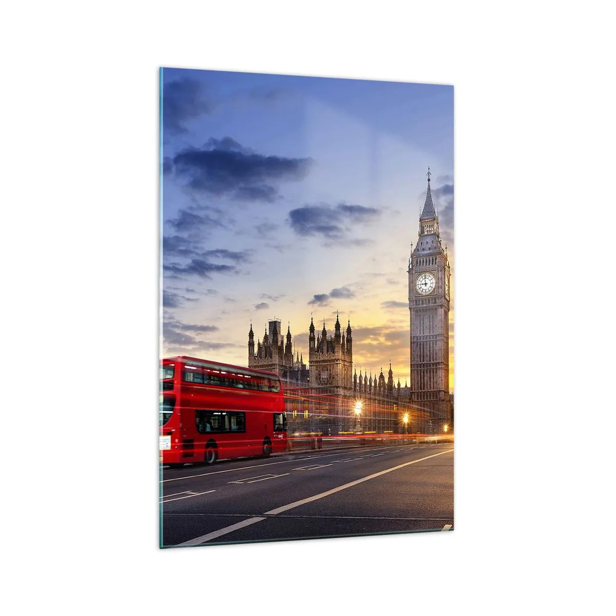 Impression sur verre - Image sur verre - Un bus rouge avec Big Ben et les Chambres du Parlement en arrière-plan au crépuscule. - 70x100cm - Caractères spéciaux - Décoration murale moderne pour le salon et la chambre ARTTOR