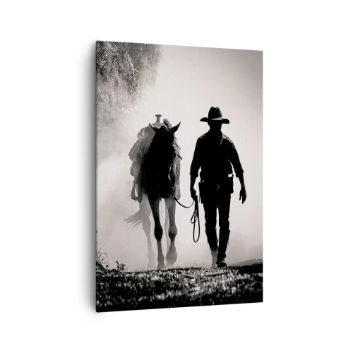 Impression sur toile - Image sur toile - Cowboy avec cheval dans le brouillard matinal - 70x100cm - Matinée texane - Décoration murale moderne pour le salon et la chambre ARTTOR