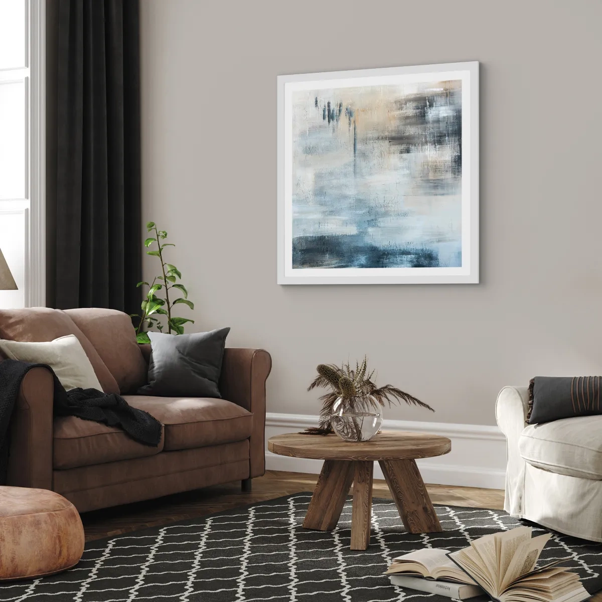 Affiche dans un cadre blanc - Poster - Derrière le rideau bleu - 40x40 cm