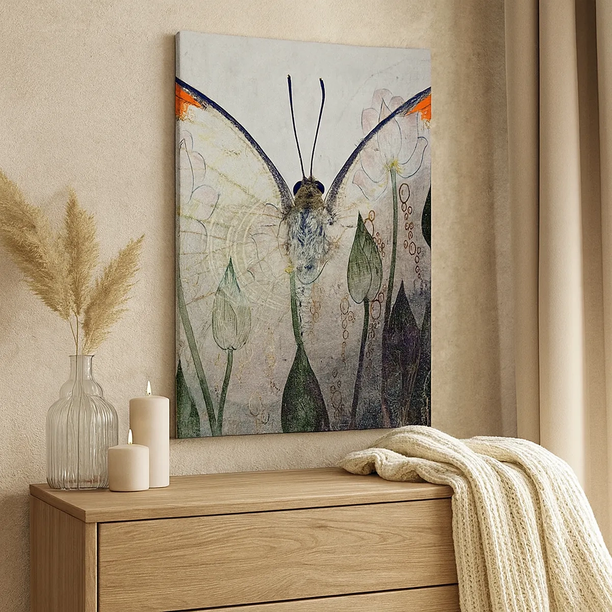 Impression sur toile - Image sur toile - Un papillon aux ailes orange sur un fond de fleurs stylisées. - 50x70cm - "Où est le papillon qui se balance sur l'herbe" - Décoration murale moderne pour le salon et la chambre ARTTOR