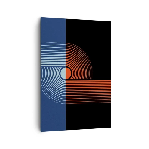 Impression sur toile - Image sur toile - Abstraction géométrique avec des lignes bleu marine et orange. - 70x100cm - Dans une étreinte géométrique - Décoration murale moderne pour le salon et la chambre ARTTOR