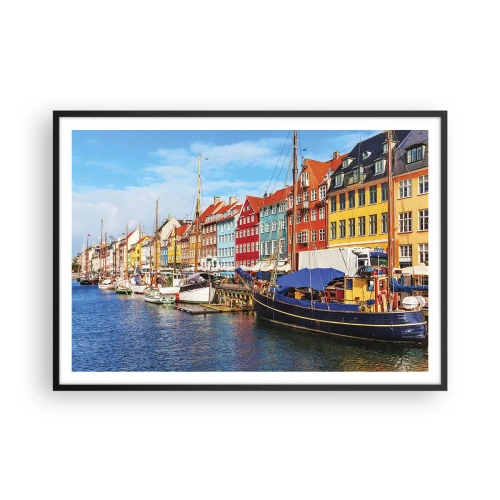 Affiche dans un cadre noir - Poster - Maisons colorées sur le canal avec des bateaux au soleil - 100x70cm - Quai joyeux - Décoration murale moderne pour le salon et la chambre ARTTOR
