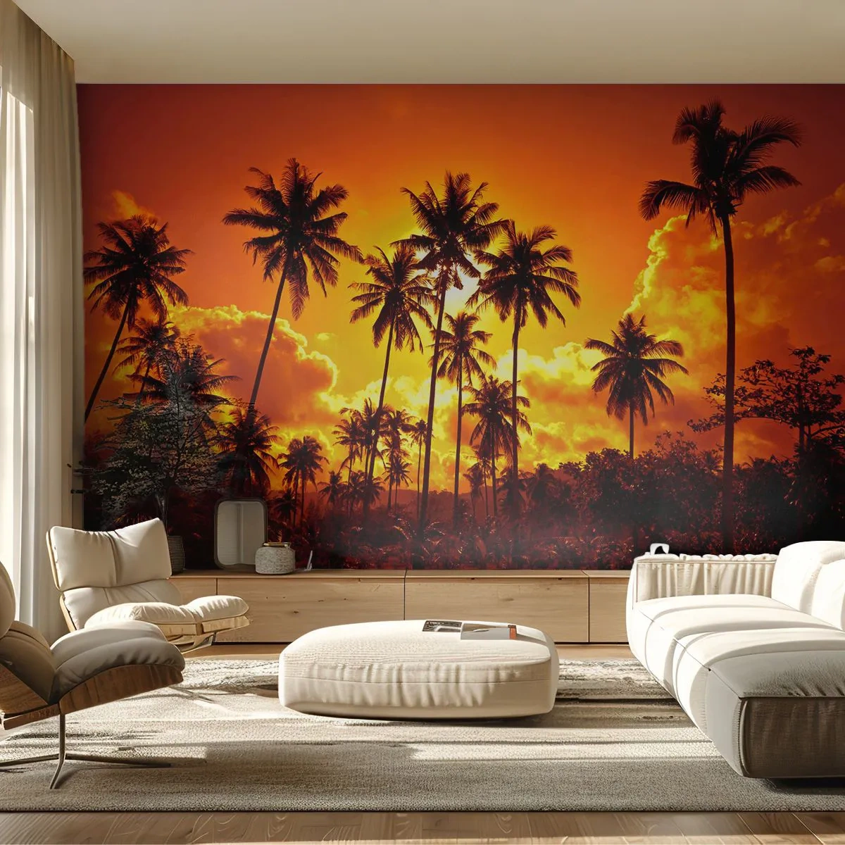 Papier Peint Autocollant Deluxe Sticker - Montagnes en feu, forêts en feu - palmiers, Tropiques, Soleil - 250x175 cm