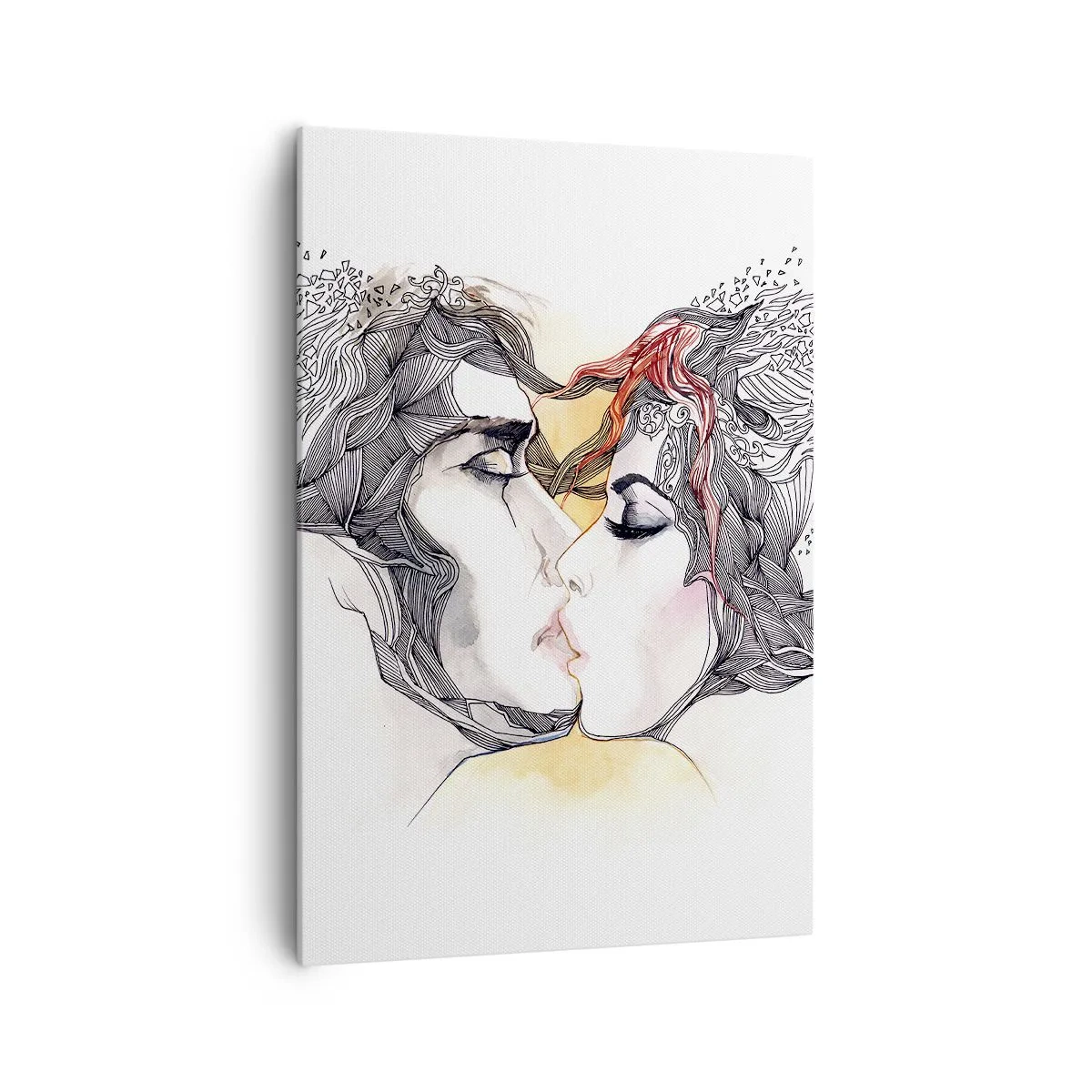 Impression sur toile - Image sur toile - Portrait artistique d'un couple avec des motifs de cheveux abstraits - 70x100cm - Le monde n'existe pas - Décoration murale moderne pour le salon et la chambre ARTTOR