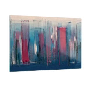 Impression sur verre - Image sur verre - Coups de pinceau verticaux en rouge et bleu sur fond beige - 120x80cm - Composition verticale en bleu et rouge - Décoration murale moderne pour le salon et la chambre ARTTOR