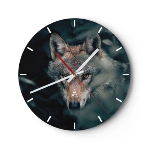 Horloge murale - Pendule murale - Un loup au regard intense sur fond de forêt sombre - 30x30cm - Chasseur - Décoration murale moderne pour le salon, la cuisine et la chambre ARTTOR