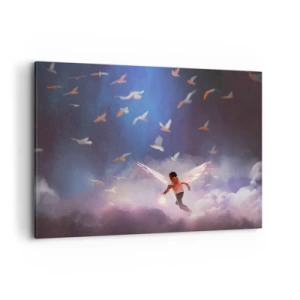 Impression sur toile - Image sur toile - Une figure avec des ailes d'ange flottant parmi les oiseaux dans le ciel - 100x70cm - Il faut de l'imagination et du courage - Décoration murale moderne pour le salon et la chambre ARTTOR