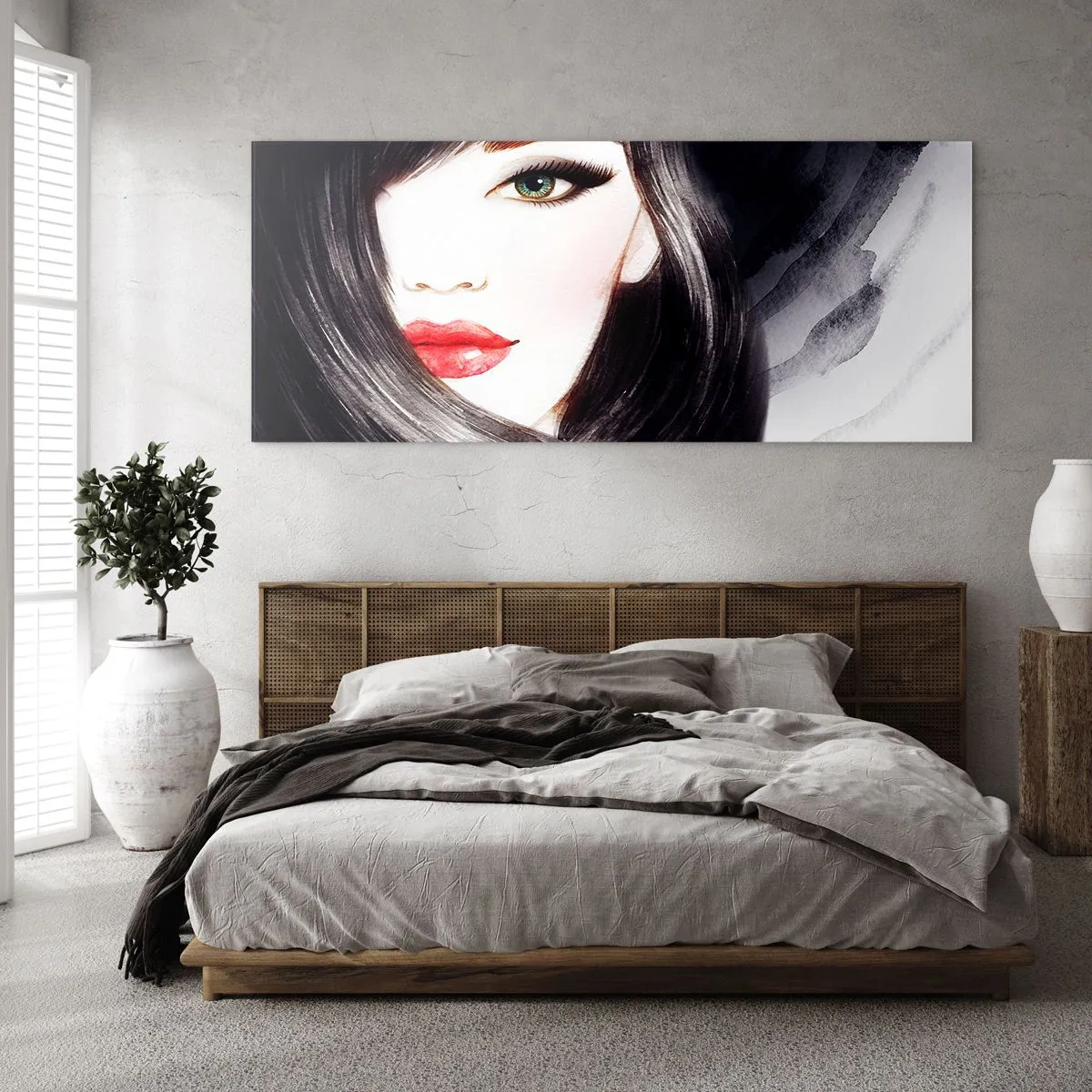 Impression sur verre - Image sur verre - Portrait d'une femme au regard expressif et aux lèvres rouges - 140x50cm - Aspect saphir - Décoration murale moderne pour le salon et la chambre ARTTOR
