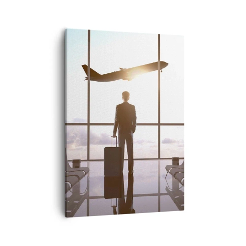Impression sur toile - Image sur toile - Homme d'affaires à l'aéroport avec un avion en arrière-plan - 50x70cm - Vous avez le temps, ralentissez - Décoration murale moderne pour le salon et la chambre ARTTOR