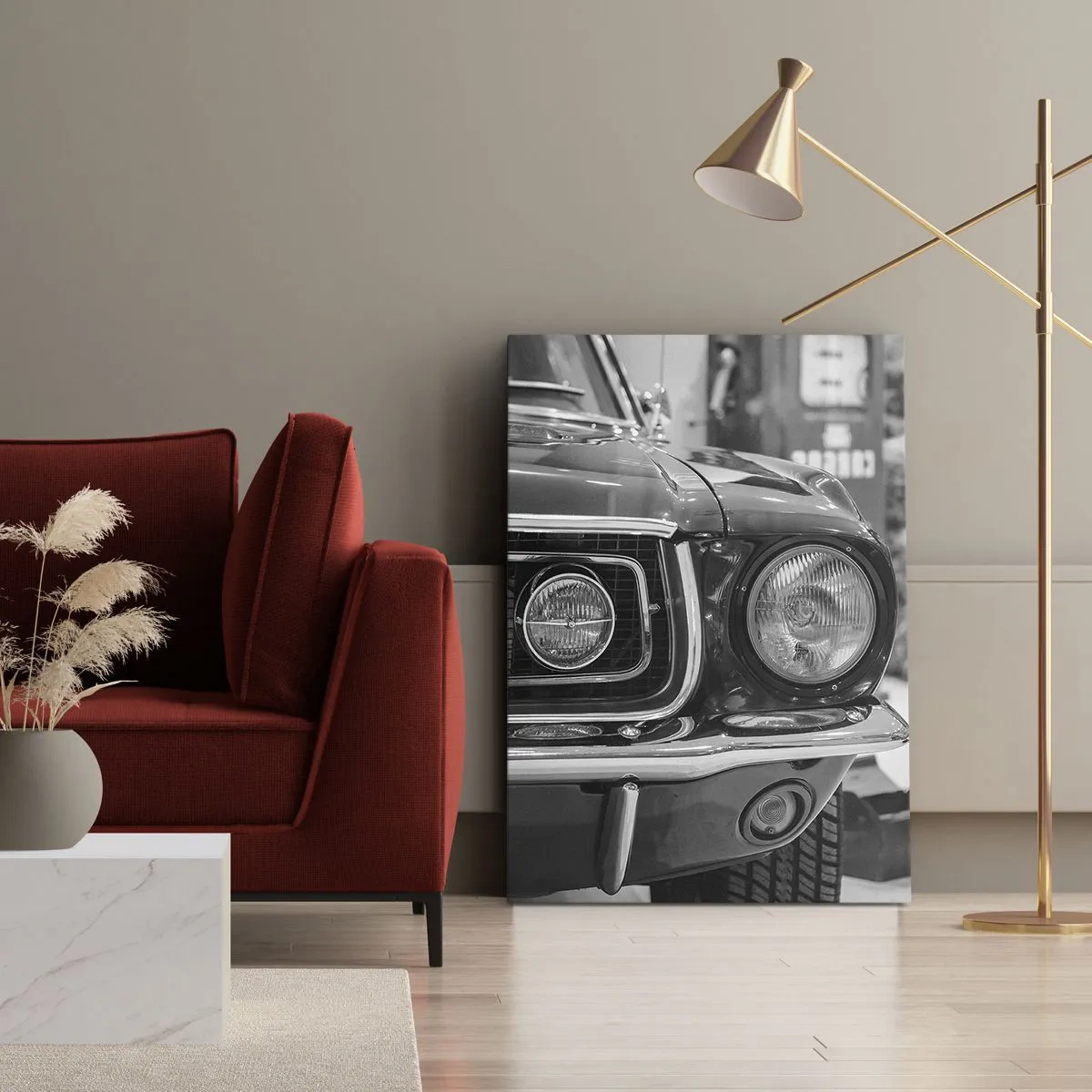 Impression sur toile - Image sur toile - Capot de voiture classique noir et blanc - 80x120cm - Conduire dur - Décoration murale moderne pour le salon et la chambre ARTTOR